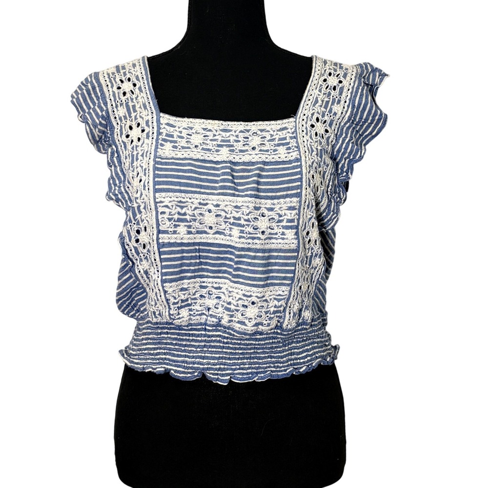 American Eagle Striped Eyelet Crop Top Medium Cottage Coastal Euro Summer Boho - Picture 1 of 11